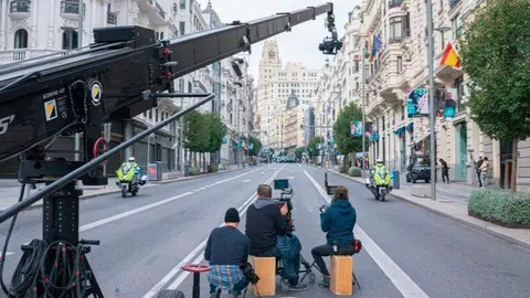 Imagen de archivo del rodaje de ‘Todos los nombres de Dios’ en la Gran Vía - Foto Ayuntamiento de Madrid
