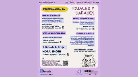 Cartel de actividades Iguales y Capaces por el D&iacute;a Internacional de la Mujer - Imagen del Ayuntamiento de Legan&eacute;s