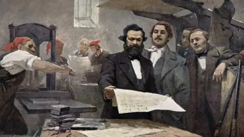 Marx y Engels en la imprenta de la 'Nueva Gaceta Renana'. Foto: Wikimedia Commons