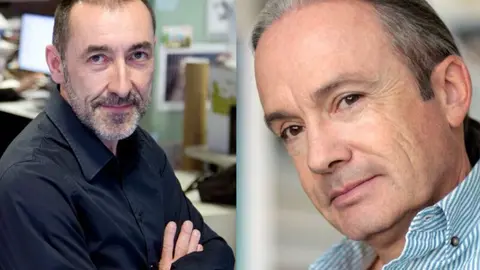 Los galardonados Josep Corbella, izquierda, y Carlos Briones, derecha. / Fotograf&iacute;as de Pedro Madue&ntilde;o (La Vanguardia) y Miguel Balbuena.