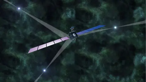 Representaci&oacute;n art&iacute;stica de navegaci&oacute;n basada en p&uacute;lsares en el espacio profundo./ ESA.