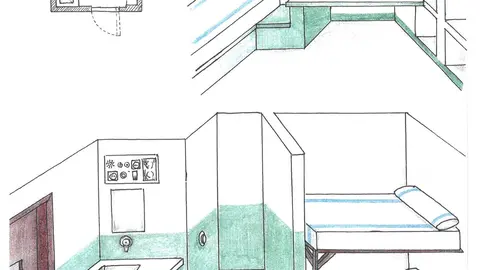 Dibujo de una celda realizado por un interno en el I Certamen de dibujo Dentro y fuera IN  Out 2024