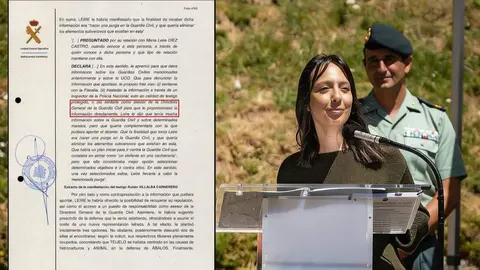 De fondo, la directora general de la Guardia Civil, Mercedes Gonz&aacute;lez, este viernes en un acto con los agentes de monta&ntilde;a. A la izquierda, parte del informe que habla de proponer como "asesor" a Rub&eacute;n Villaba | Foto Guardia Civil/Servimedia