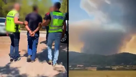 Los Mossos detienen a un hombre por causar tres incendios forestales en Carme que quemaron 450 hect&aacute;reas - Im&aacute;genes de un v&iacute;deo publicado por los Mossos d'Esquadra sobre su detenci&oacute;n