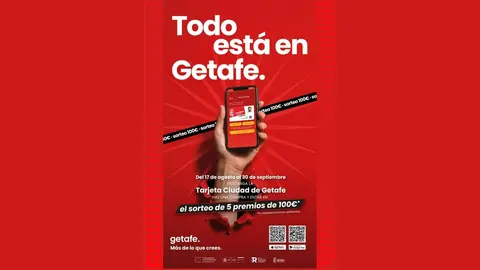 Getafe renueva la Tarjeta Ciudad para visitantes y pone en marcha la campa&ntilde;a 'Compra en tu barrio' para reactivar el comercio local - Imagen del Ayuntamiento de Getafe sobre fondo de color rojo