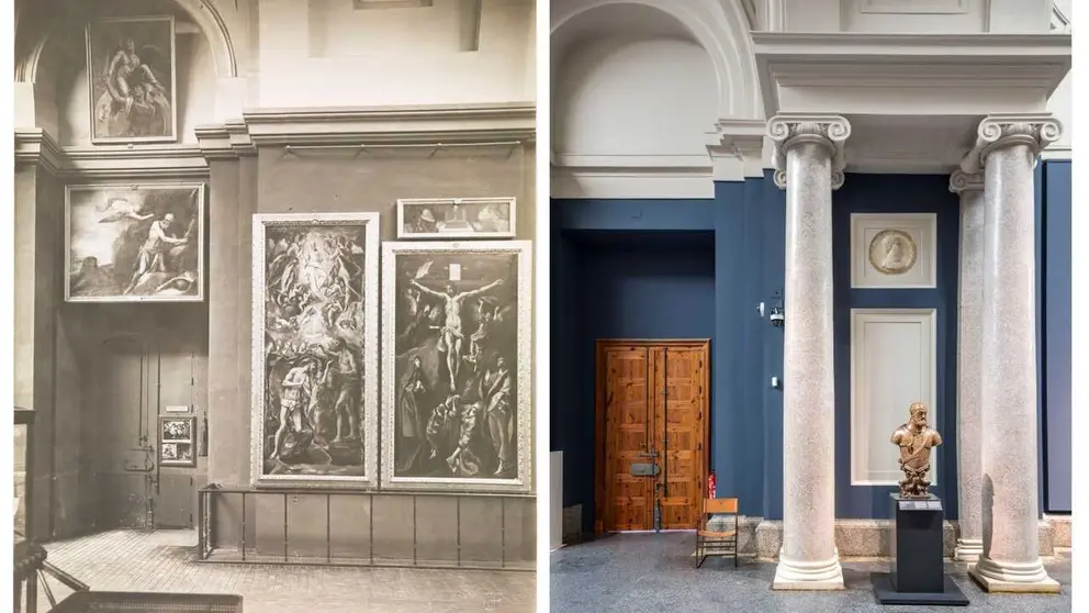 Vista de la galer&iacute;a central del Museo del Prado con establecimiento para la venta de fotograf&iacute;as HF-1229 y vista actual