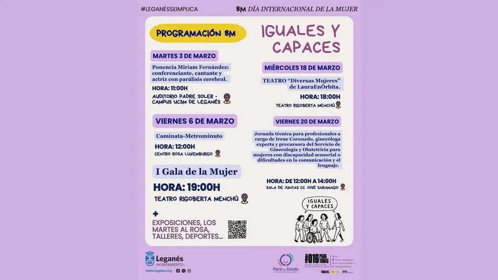 Cartel de actividades Iguales y Capaces por el D&iacute;a Internacional de la Mujer - Imagen del Ayuntamiento de Legan&eacute;s