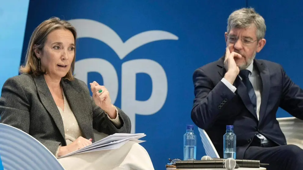 La vicesecretaria de Regeneraci&oacute;n Institucional del PP, Cuca Gamarra, y el vicesecretario de Econom&iacute;a y Desarrollo Sostenible, Alberto Nadal, durante su comparecencia - PP