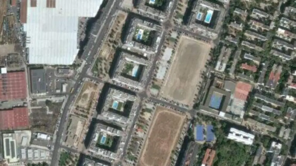 Imagen a&eacute;rea de la parcela en el distrito de Villaverde (C) Geoportal Ayuntamiento de Madrid