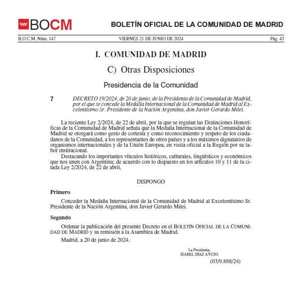 BOCM Medalla Javier Milei