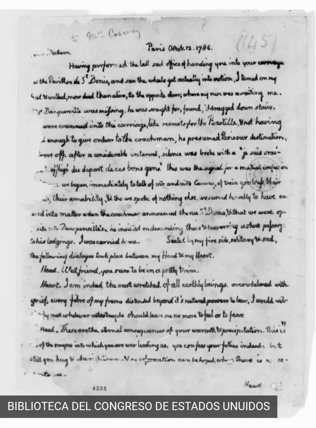 Manuscrito de Jeffersón a María Cosway