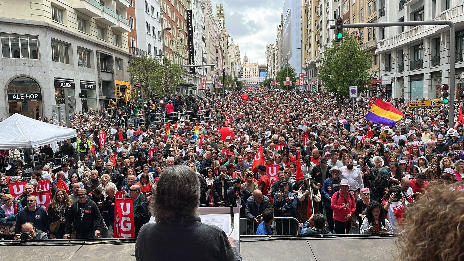 Paloma López en su intervención durante la manifestación del 1 de mayo en Madrid