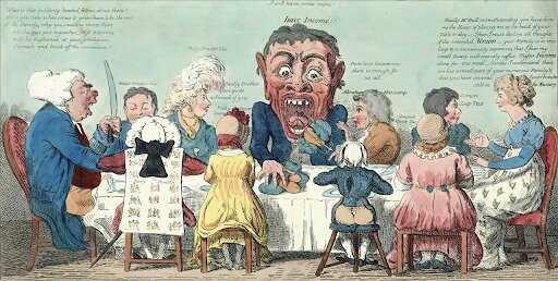 Caricatura británica de 1799, en la que el impuesto sobre la renta "income" ocupa el lugar más destacado en la mesa, comiéndose la mayor parte. Fuente: Historia-National Geographic.