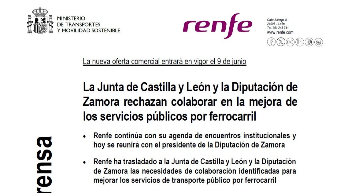 NdP de Renfe sobre la Diputación de Zamora y la Junta de Castilla y León del 27 de mayo
