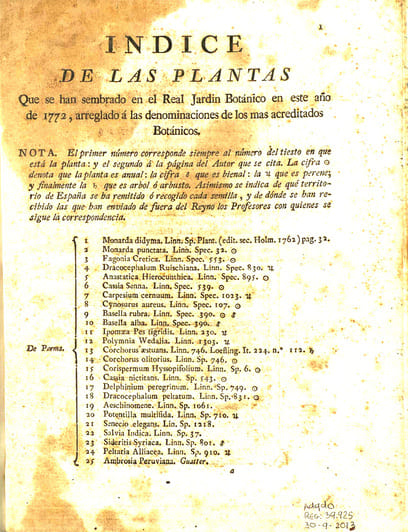 Portada del índice de 656 plantas del Real Jardín Botánico de Migas Calientes en 1772