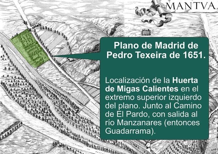 Localización de la huerta de Migas Calientes en el Plano de Texeira de 1651
