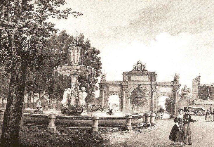 Puerta de Atocha y Fuente de la Alcachofa, grabado atribuido a Vicente Camarón - Museo Municipal de Madrid