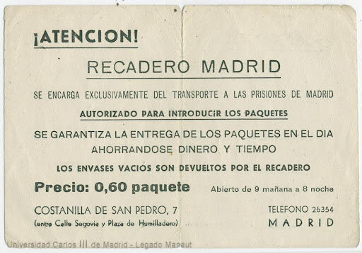 Tarjeta publicitaria de un recadero autorizado a introducir paquetes en las cárceles de Madrid. Fuente: Universidad Carlos III de Madrid.