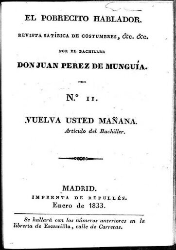 Portada de la revista satírica en la que Larra publica “Vuelva usted mañana”, enero de 1833. Fuente: Biblioteca Virtual Miguel de Cervantes.