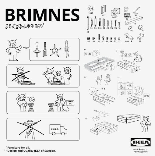 Instrucciones de Ikea para el montaje de la cama BRIMNES, traducidas al lenguaje extraterrestre por la agencia Memac Ogilvy Dubai para una campaña publicitaria.
