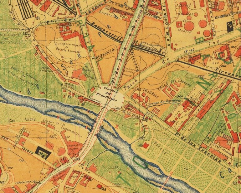 Año 1900 - Glorieta del Puente de Toledo en plano de Madrid de Facundo Cañada