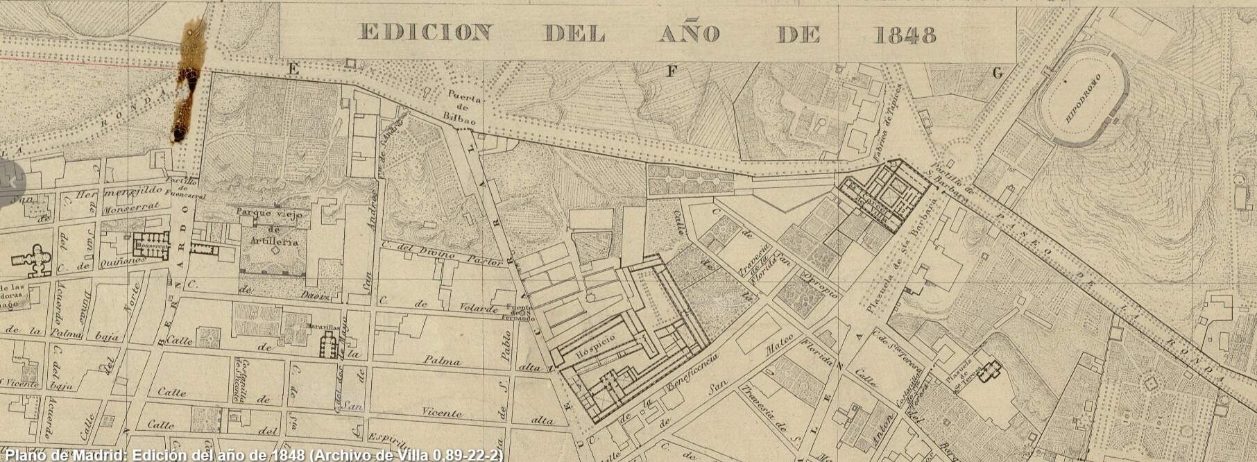 Fragmento del Plano de Nuevo de Juan López. Edición de 1848. Aparece ya el hipódromo donde se celebró la primera competición de Fútbol de España. Fuente: Instituto Geográfico Nacional
