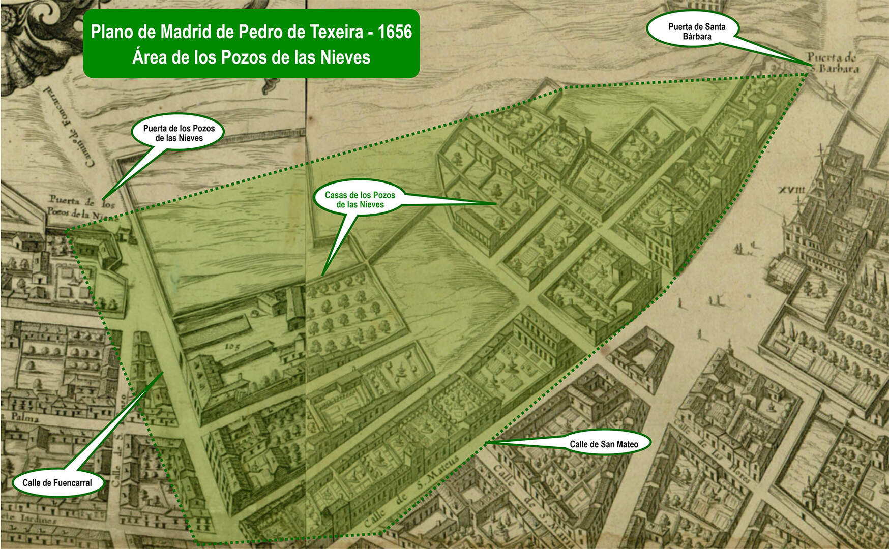 Area de los Pozos de la Nieve en el plano de Texeira de 1656