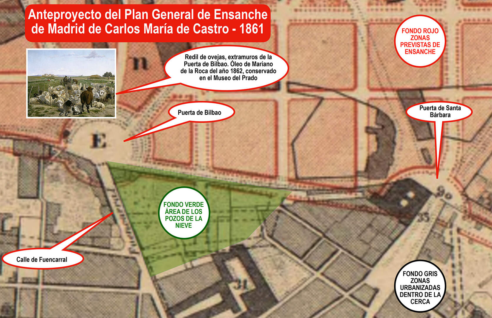 Area de los Pozos de la Nieves en el anteproyecto de de encanche de Madrid de 1861