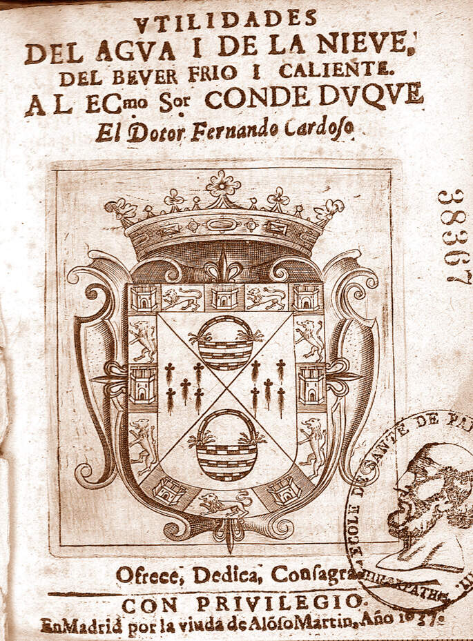 Portada del libro Utilidades del agua de la nieve del DoctorCardoso - año 1637