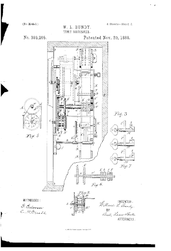 Patente N°. 393.205 del Reloj de fichaje de Willard LeGrand Bundy,  1888