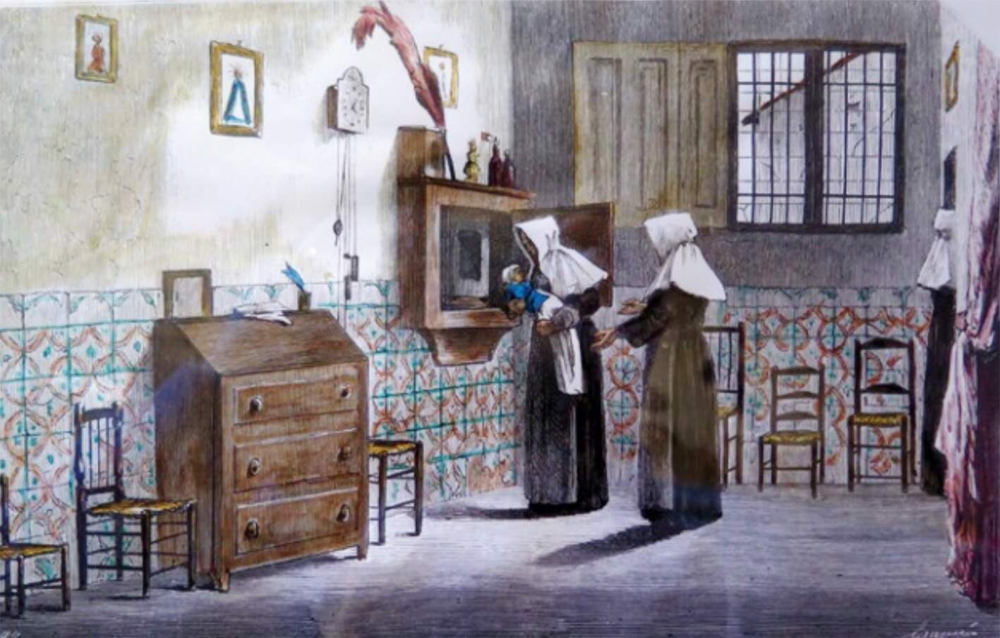 Recreación de la sala del torno de la Inclusa de Madrid  a partir de un grabado de Francisco Ortego 1861