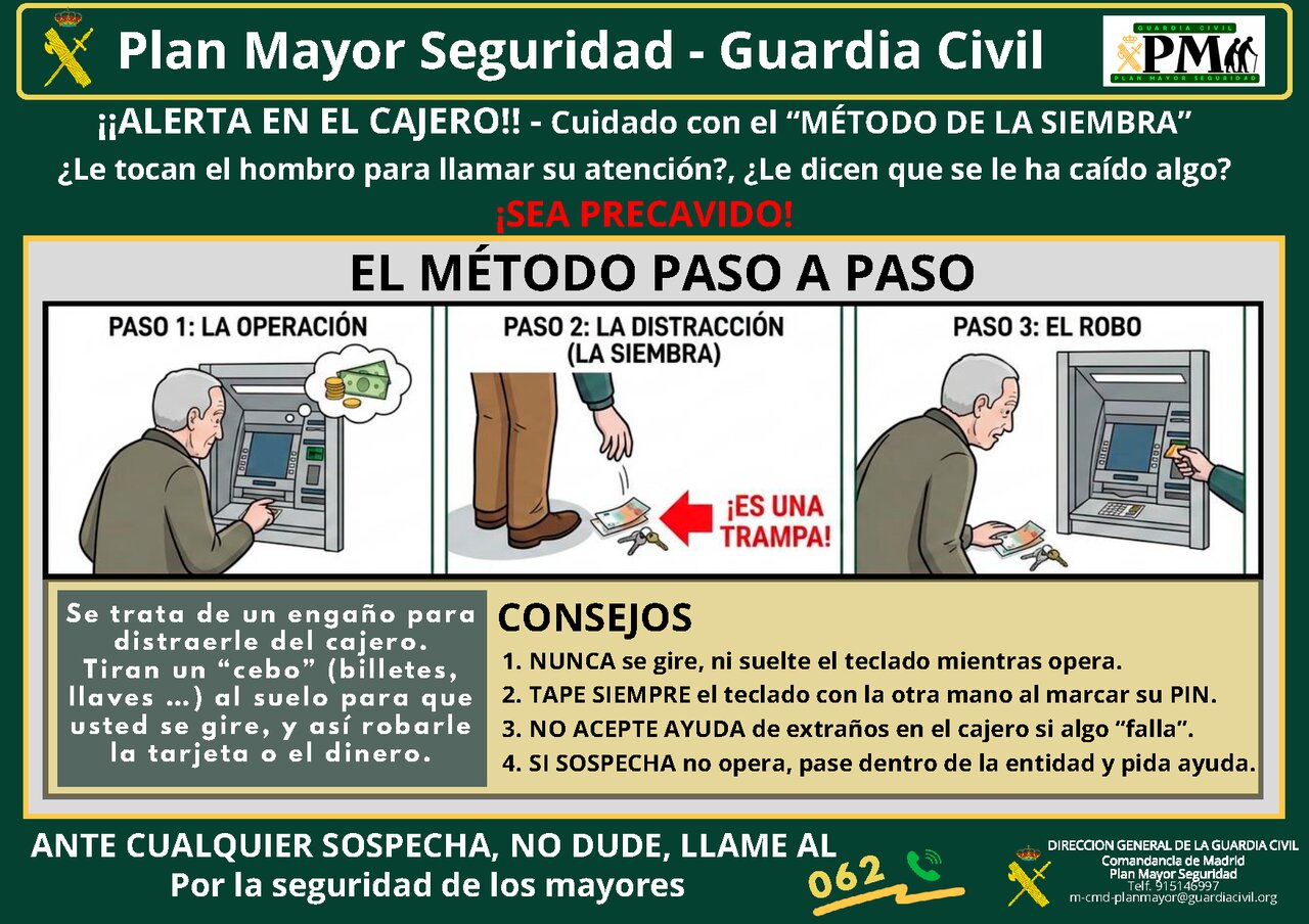 Cartel informativo de la Guardia Civil para evitar robos en cajeros con el método de la siembra - Ayuntamiento de Torrelodones