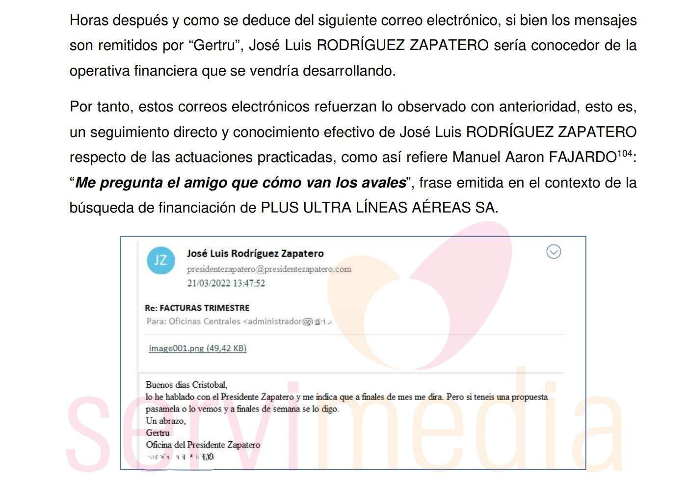 Fragmento del informe de la UDEF con un correo electrónico de la secretaria de Zapatero | Imagen de Servimedia