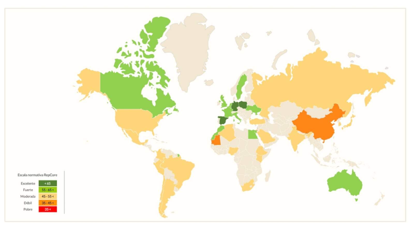 España aparece nítidamente situada en la zona de reputación "Fuerte" (rango entre 55 y 65 puntos) - Foto en la presentación del informe global RepCore Nations 2026 por Reputation Lab